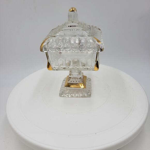 Vintage Jeannette Clear Glass Covered Pedestal Candy Dish 6" with Gold Trim USA - Picture 8 of 11